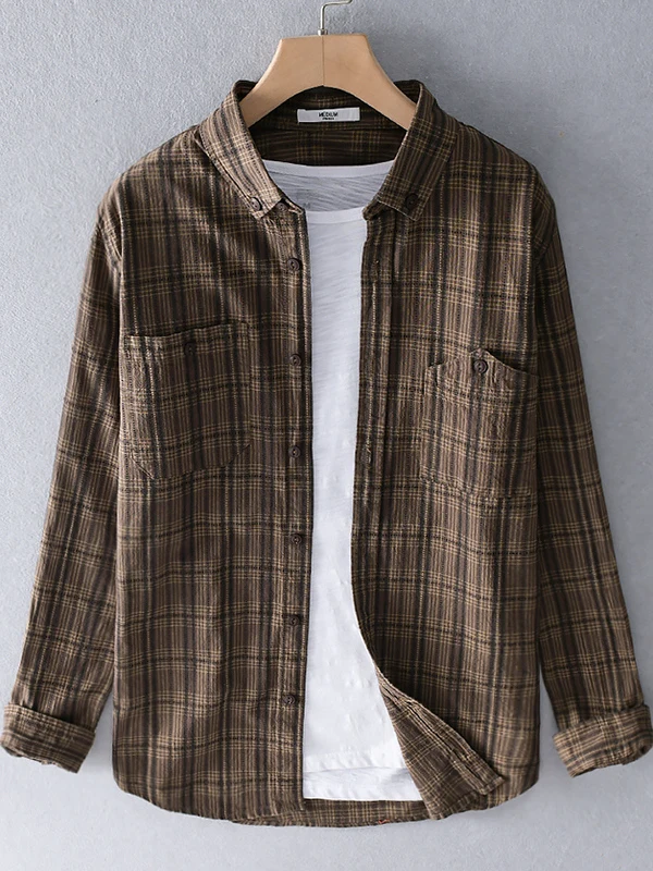 

Autumn Youth Pure Cotton Long Sve Men's irt Plaid Double ket Japanese Sle Artistic Casual Plaid irt Slim Trendy