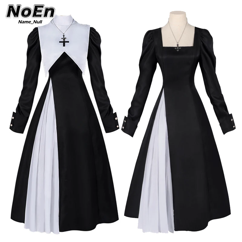 Pascua Halloween cosplay sexy monja cruzada disfraz juego uniforme juego de rol vestido largo negro con velo collar chal conjunto completo