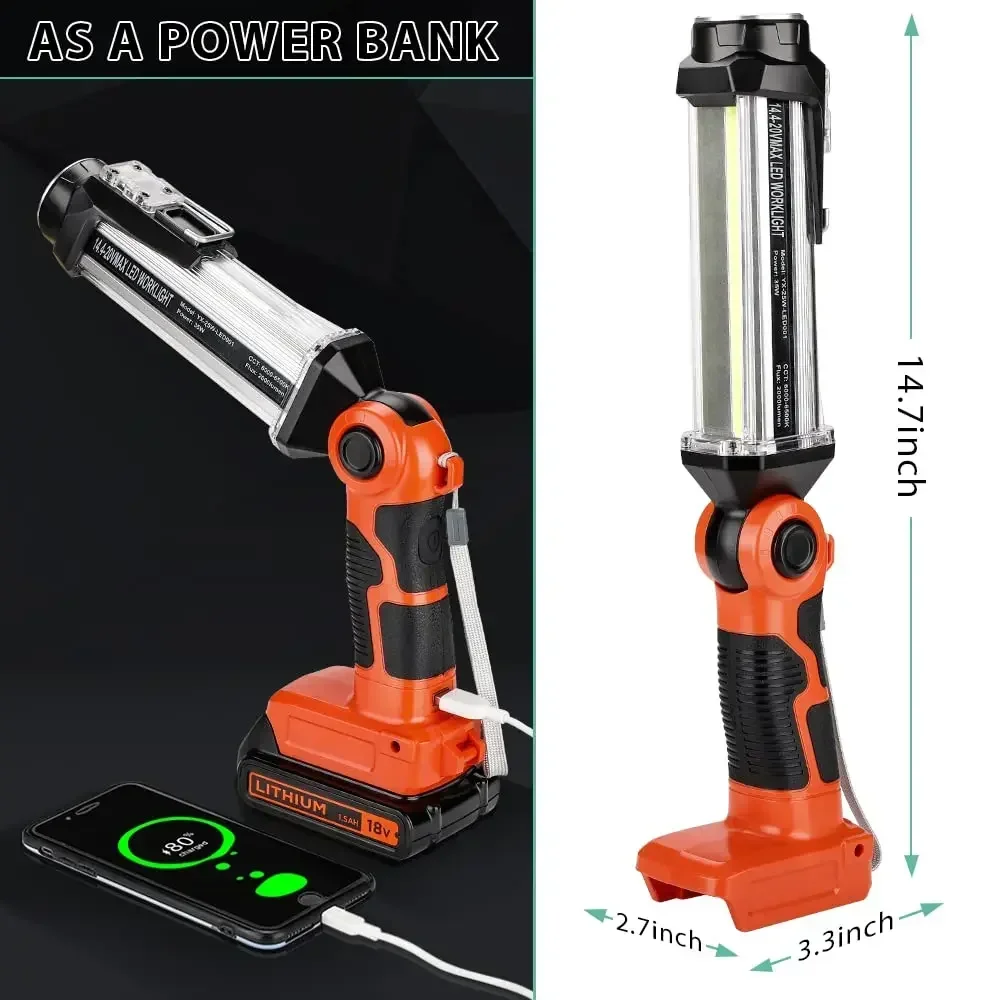 Luz LED de trabajo, linterna para exteriores, luz portátil para acampar, batería recargable para Black & Decker, batería de iones de litio de 20V con gancho