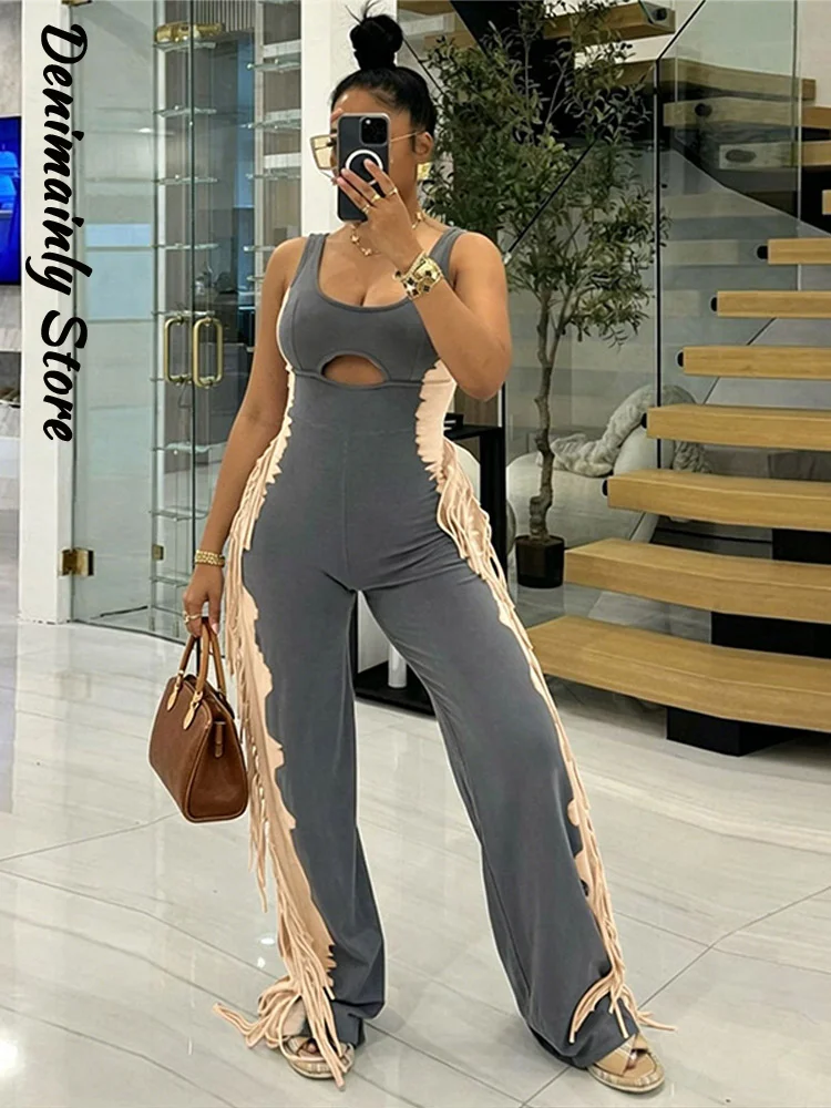 Chic Women's Contrasting Tassels Jumpsuit Slim Square Neck Sleeveless Hollow Out Backless Romoer 2026 Summer Lady Street Clothes