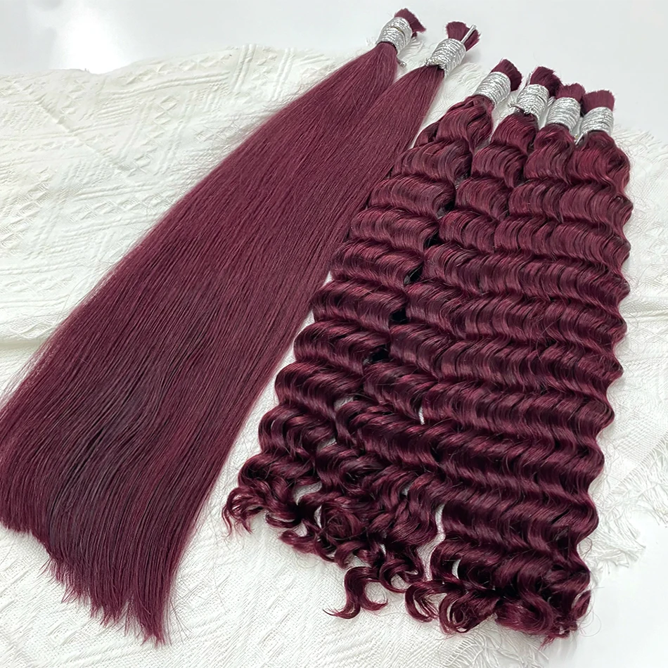 Wholesale 100% Human Hair Bulk for Boho Braids No Weft 99j Burgundy Deep Wave Hair Extensions for Braiding Brazilian Remy Hair