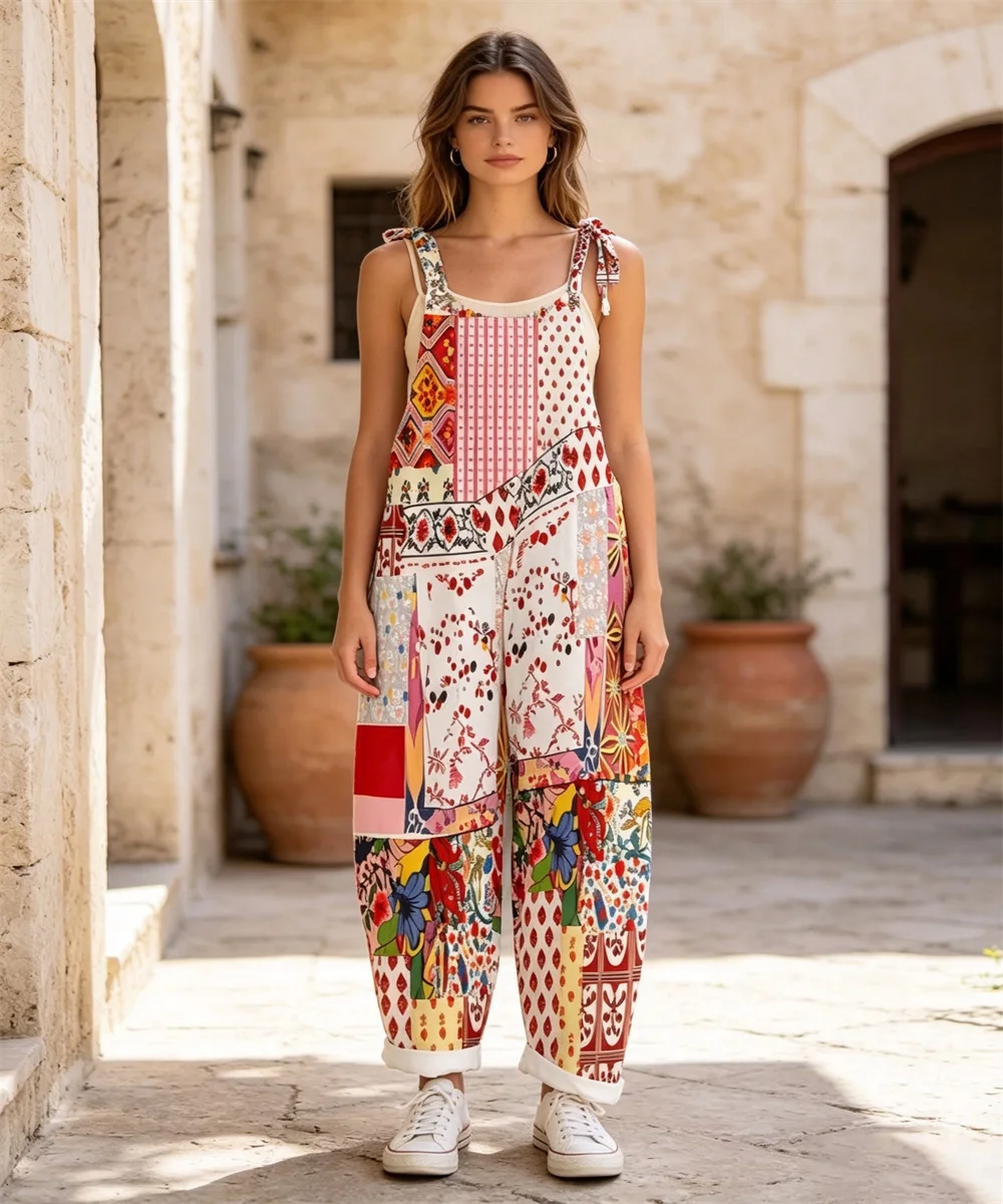 2026 Women's new retro floral Bohemian print comfortable jumpsuit, off shoulder sleeveless loose jumpsuit