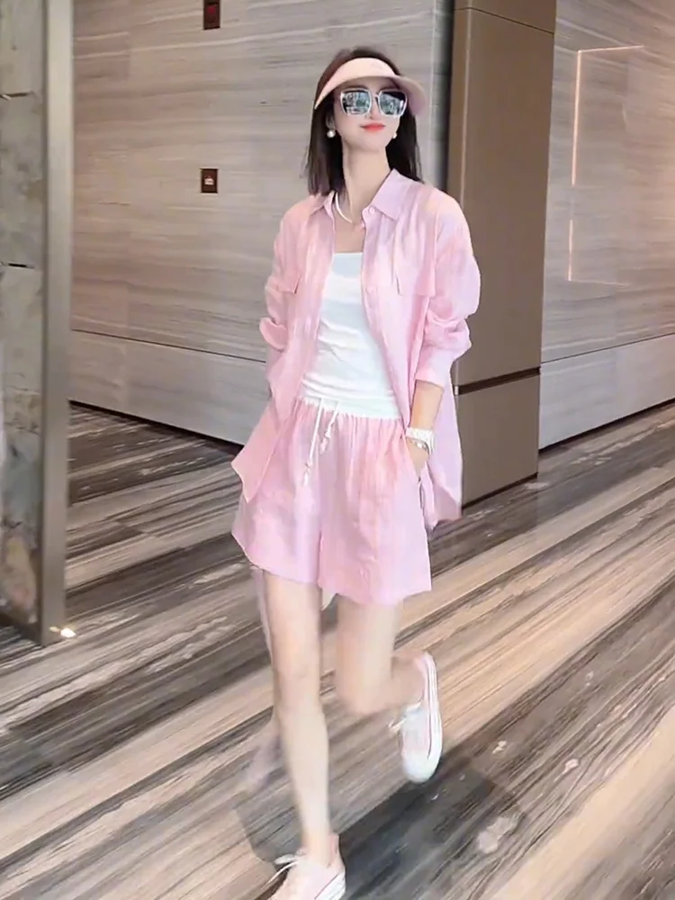 

Korean Style Casual Fashion Set Women's Summer Trendy Pink Sun Protection Outerwear Shirt Shorts Two-Piece Set