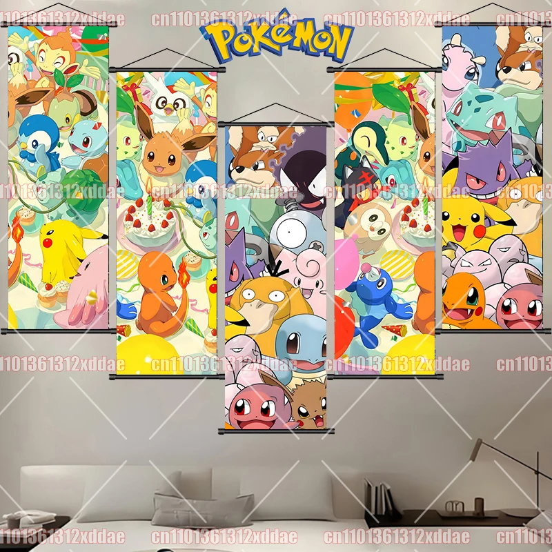 

Pokemon Anime Scroll Painting -Charmander Gengar Psyduck Pikachu Squirtle Eevee Meganium HD Art Poster Children's Birthday Gift