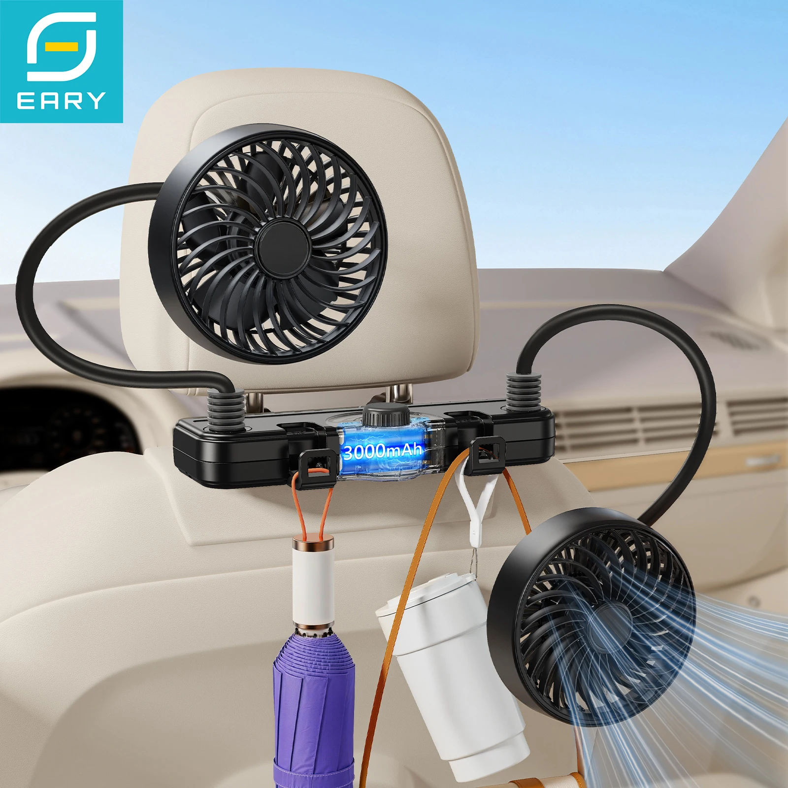 

Eary 3000mAh Car Dual Head Hose Fan Car Back Seat Cooling Fan USB Rechargeable Rear Cooler for Kids Pets 360Rotation Ventilation