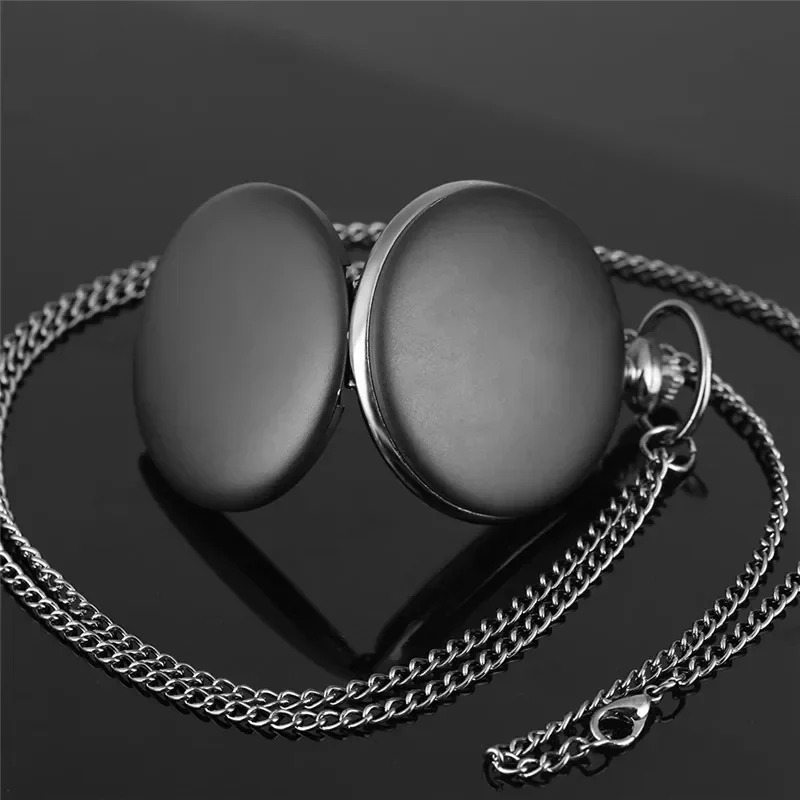 Vintage Matte Black Silver Full Hunter Cover Unisex's Quartz Pocket Watch Necklace Pendant Chain Arabic Number Timepiece Gift