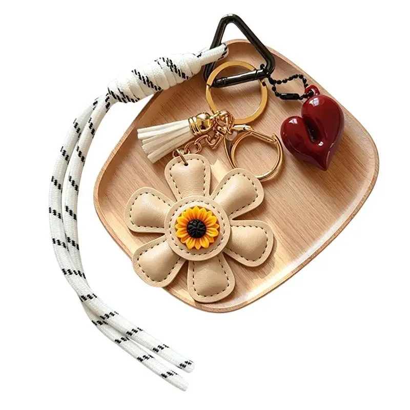 Quasten- und Blumen-Leder-Taschenanhänger, Schlüsselanhänger mit geflochtenem Band, süßes Accessoire für Damen, Taschen- und Schlüsselanhänger, Geschenk – Detail 6