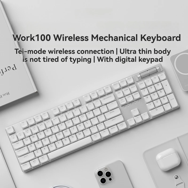 Work100 Low Profile Mechanical Keyboard Customized Tri-mode Hot Swap RGB Wireless 104keys Ergonomic Game Mechanical Keyboard