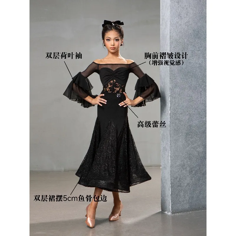 Customized Modern Dance Dress Lace Splicing Fishbone Double Layered Skirt Standard Social Ballroom Dance Dress Women Competition