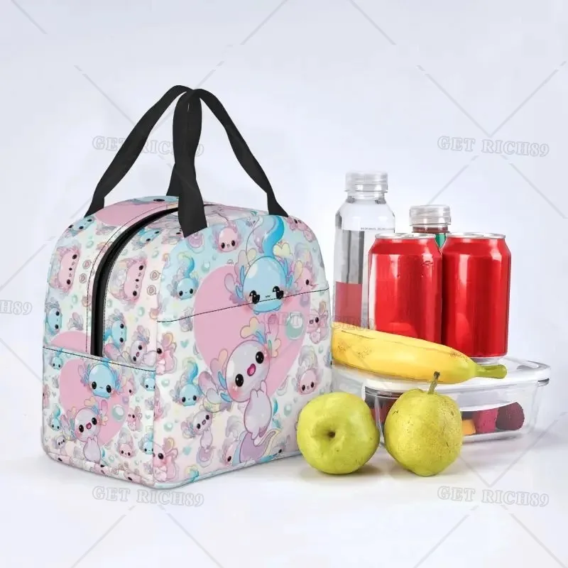 Colorful Axolotl Thermal Insulated Lunch Bag Animal Portable Food Box Tote Bag with Pocket for Women Men Outdoor Camping Travel