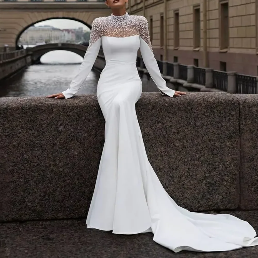 

Elegant O-Neck Appliques Lace Pearls Mermaid Bride Wedding Dresses Bridal Gowns Customiezd