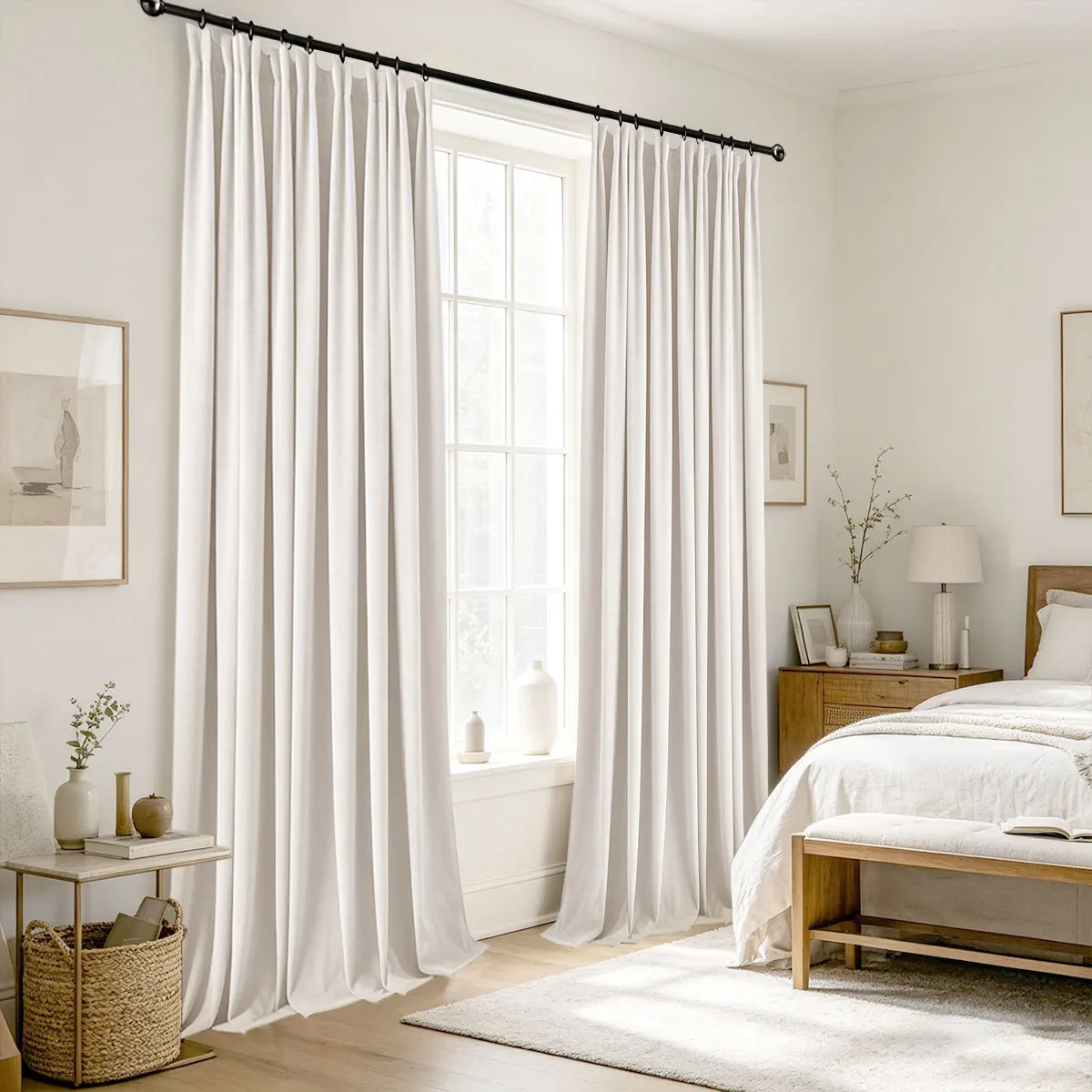 2 Panels Off White Linen Curtains, Japanese Minimalist Style Sheer Privacy Drapes, High Temperature Shaped Pleated Curtains for