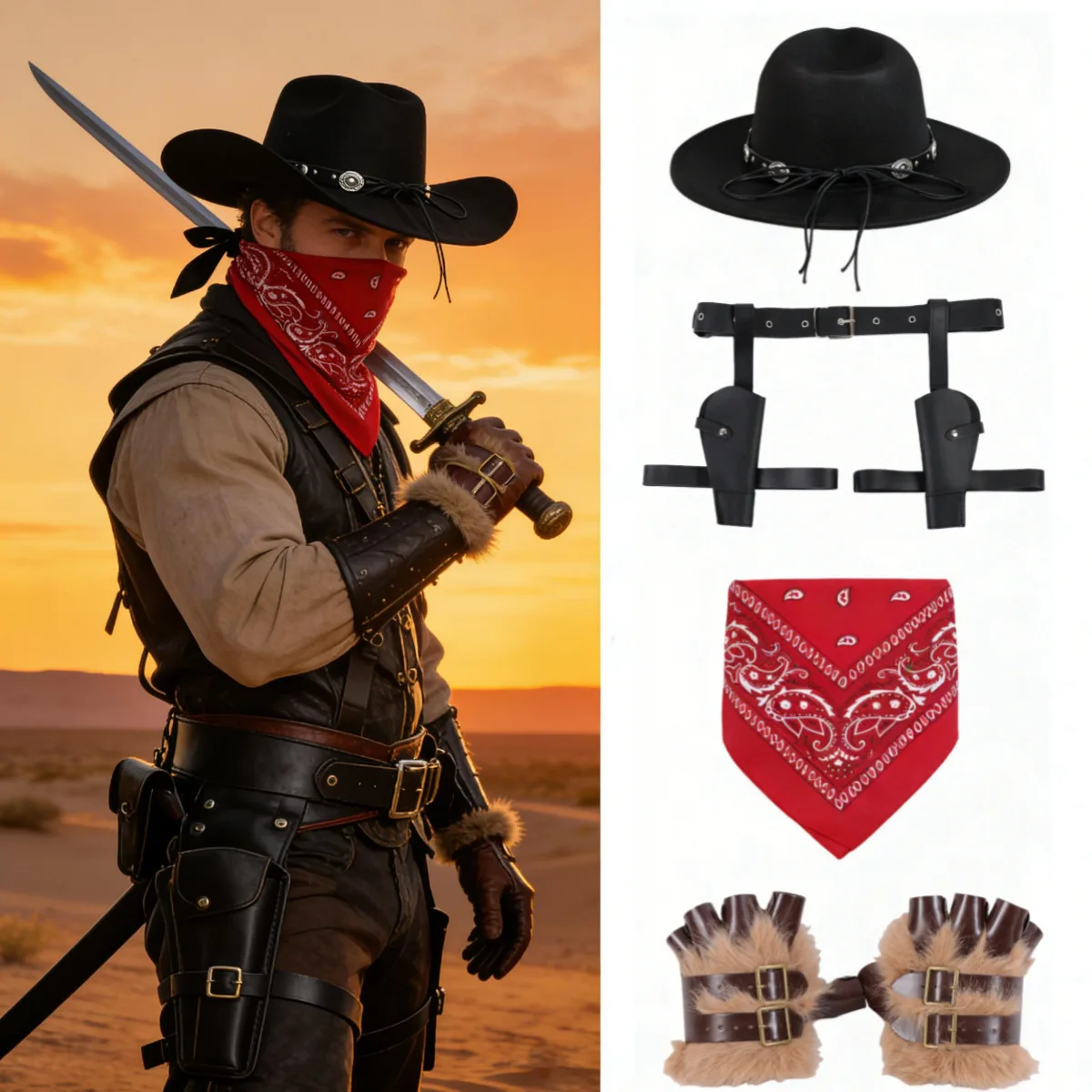 

Men Western Cowboy Costume Accessories Set, Hat + Red Bandana + PU Leather Gun Holster Belt + Fur Cuffs,Wild West Cosplay Outfi