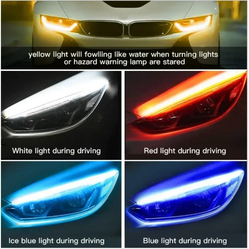 2pcs 12V LED DRL Car Daytime Running Light Flexible Waterproof Strip Auto Headlights White Turn Signal Yellow Brake Flow Lights