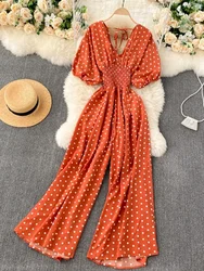 Summer Women's One Piece Jumpsuit Korean Retro V-neck Polka Dot Puff Sleeve Jumpsuit New Belt Wide-leg Jumpsuit LH543