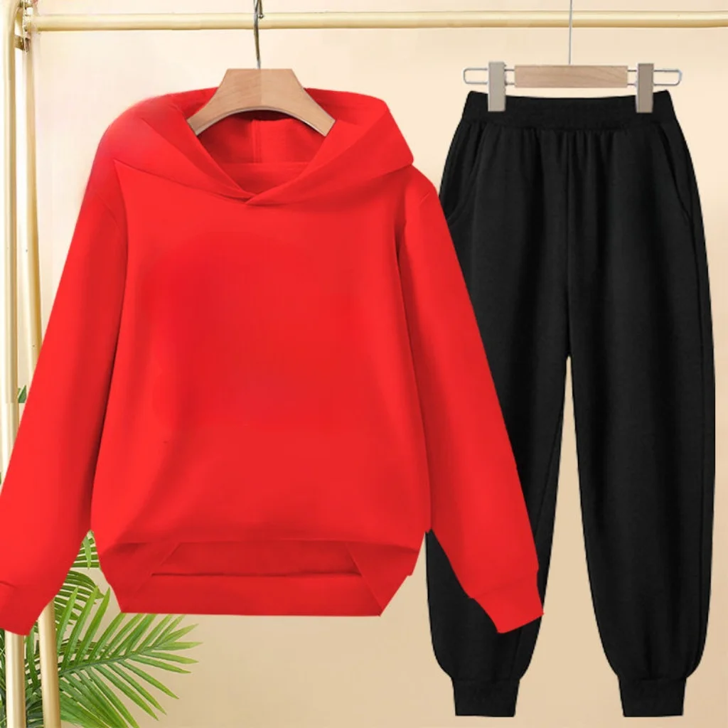 Kids 3-12Yrs Solid Color Pullover Hoodie Boys Girls Black Blue Yellow White Red Grey Coat Sweatshirt+ Pants 2P Casual Sports Set