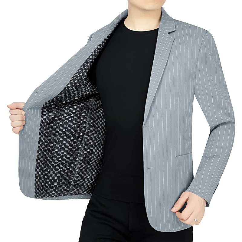 Spring Autumn Men Blazer Thin Striped Turn Down Collar Male Suit Coat Breathable Long Sleeve Pocket Versatile Man Outerwear