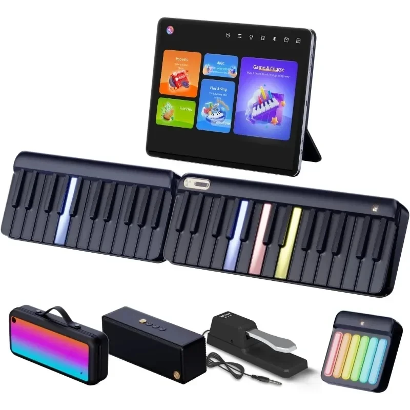 Smart Piano Keyboard with Speakers Expandable Full keys Interactive Music Sheet Rainbow Light Keys for Beginners