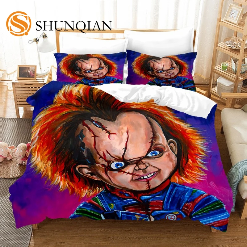 Horror Movie Bedding Set Child Of Play Character Chucky Anime Cartoon Puppet Doll Duvet Cover Double Bed Linen Quilt Bedclothes