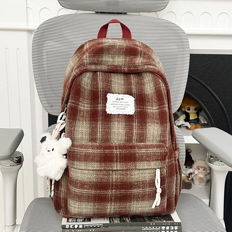 Korean StyleinsLarge-capacity women's plaid woolen backpack with a vintage vibe, suitable for middle and high school students