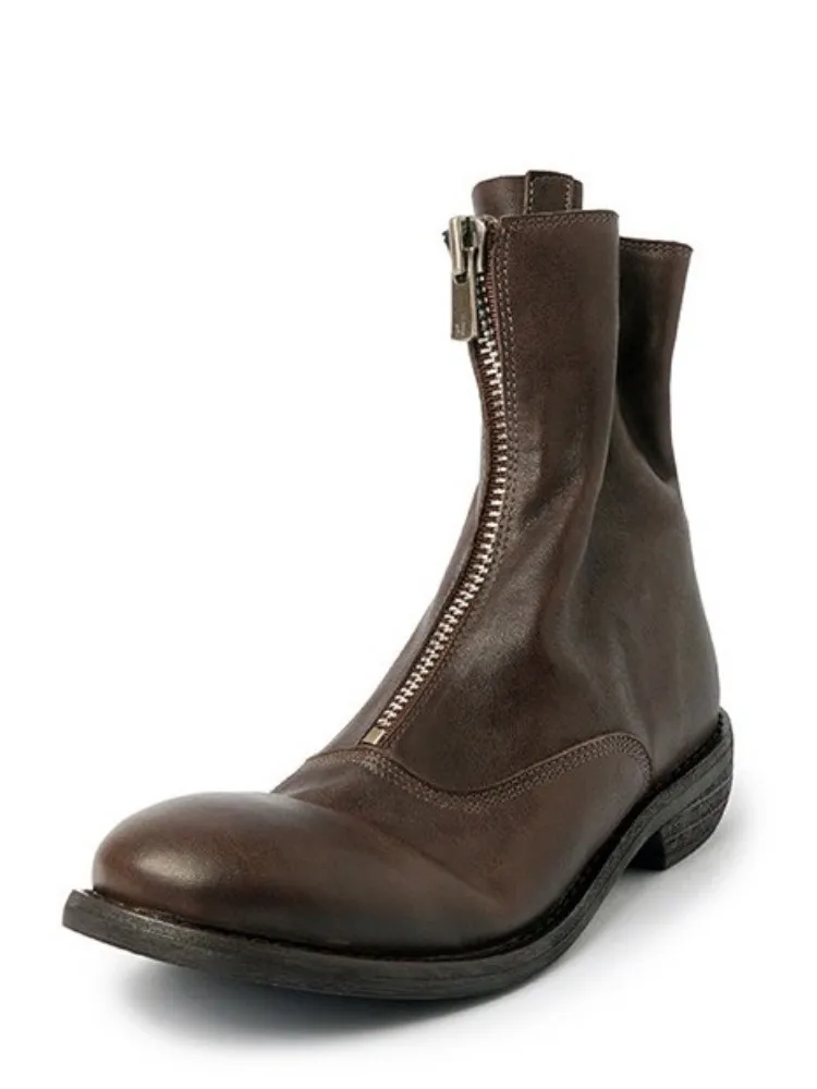 Leisure Female Genuine Leather Chunky Heel Ankle Boots Versatile Solid Color Horsehide Zipper Hard Wearing Footwear