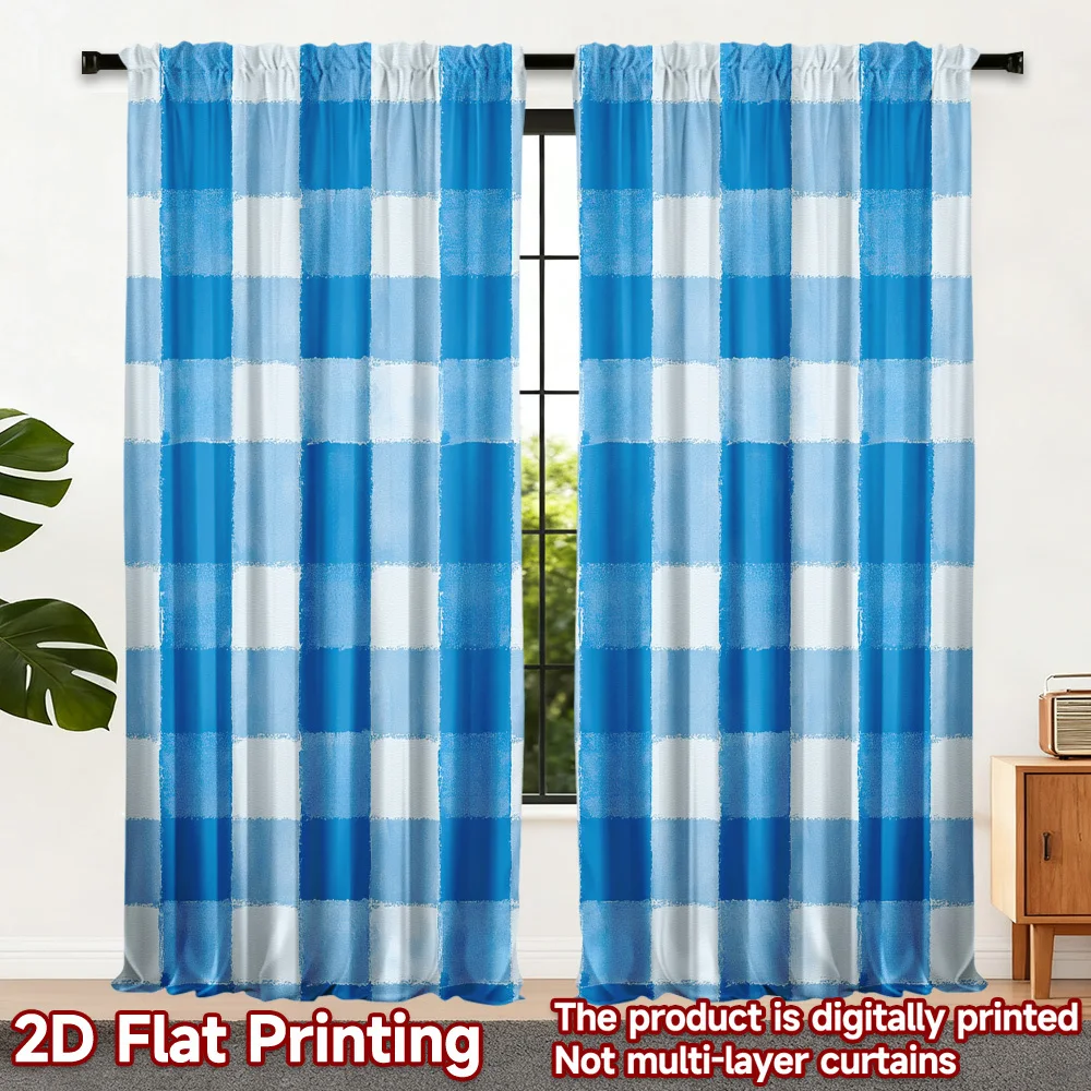 2pcs Blue and White Plaid Checkered Curtains Pair Lightweight Semi-Sheer Drapes for Living Room Window Decor Home Accent