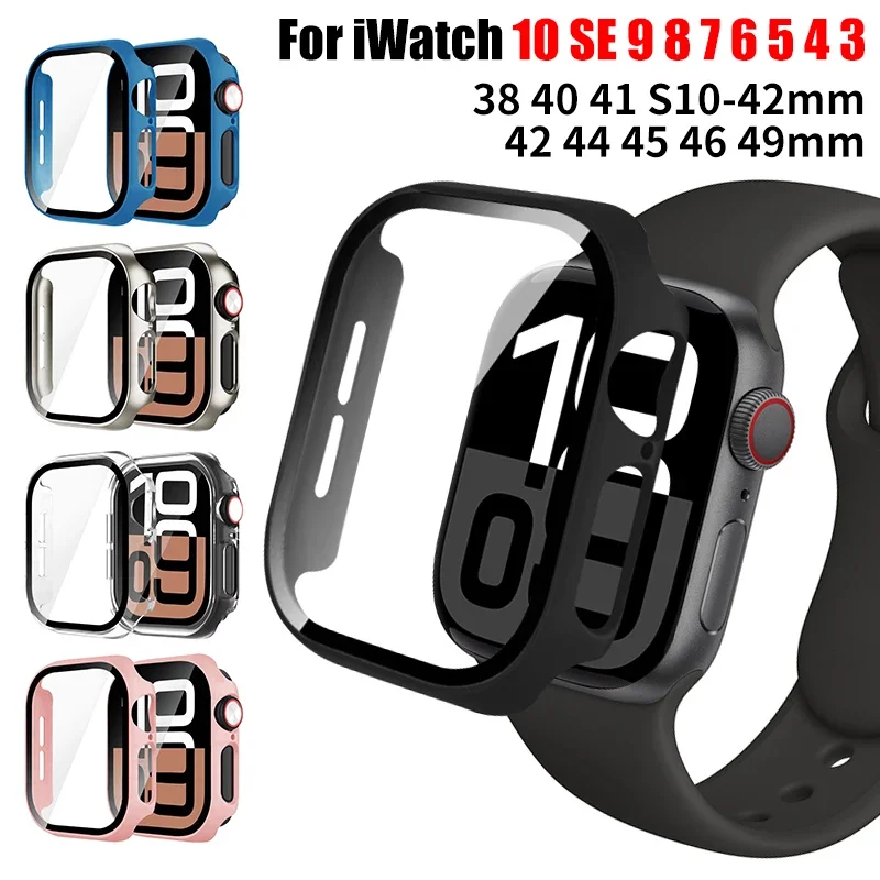 Tempered Glass+Case for Apple Watch 45mm 41mm 40mm 44mm 42mm 46mm Protective Cover PC Bumper Frame For iWatch 10 SE 9 8 7 6 5 4