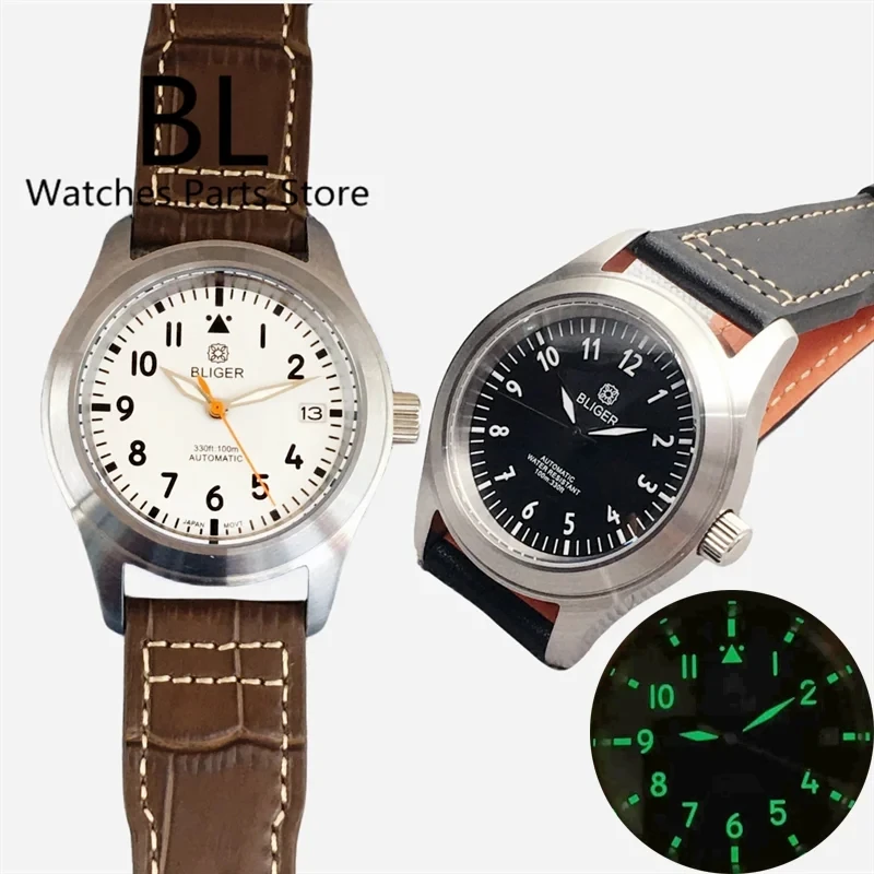 BLIGER 36mm/39mm NH35 Dive Pilot Autoamtic Watch For Men Brusehed Case Sapphire Glass Black White Dial Luminous Leather Strap