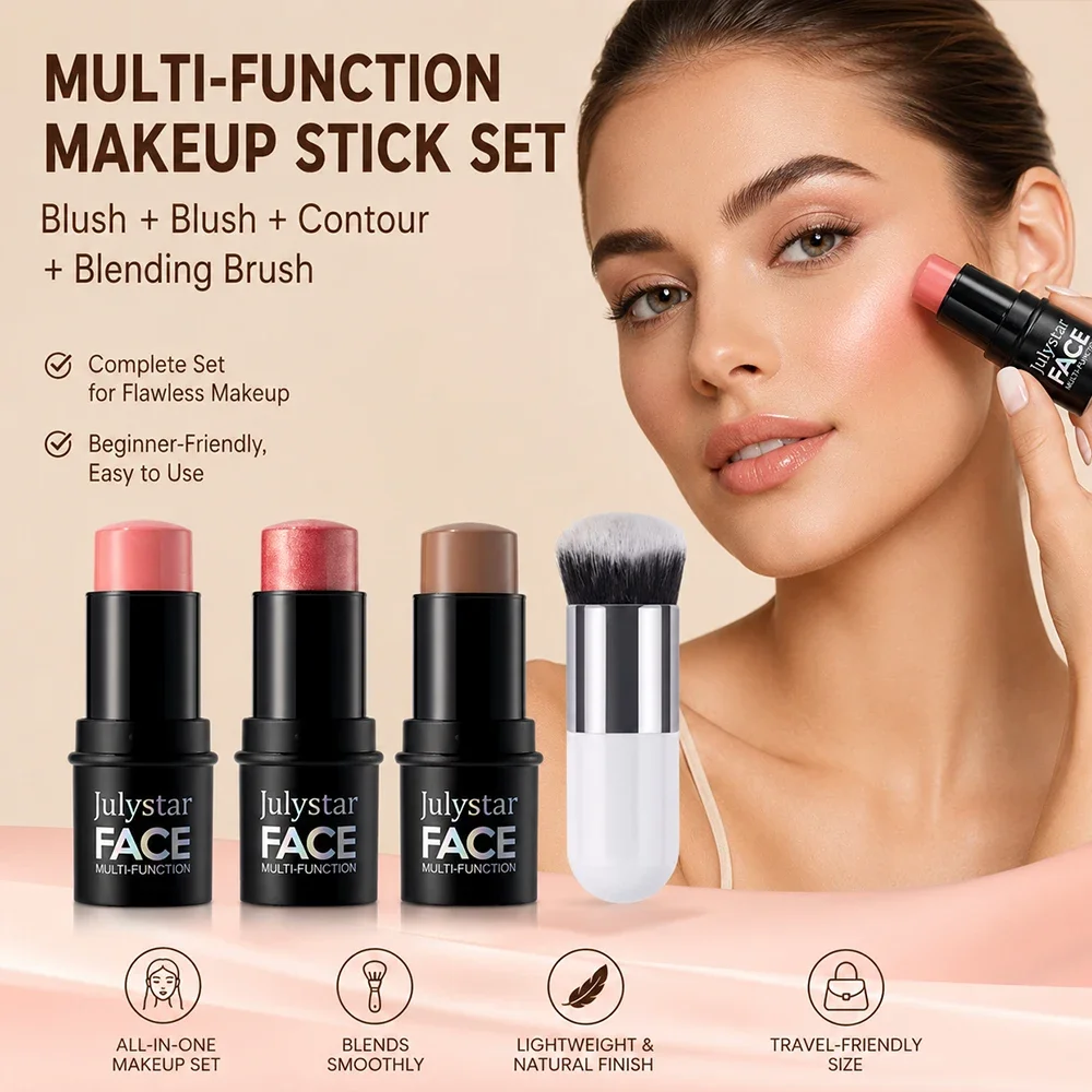 3Pcs Cream Blush Stick Set + Blending Brush, multi‑use for eyes face lips, travel‑friendly buildable daily blush makeup