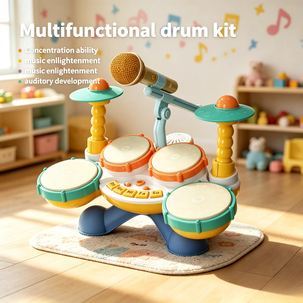 Multifunctional Music Drum Kit Early Education Musical Instrument Toy with Microphone Lights and Multiple Play Modes