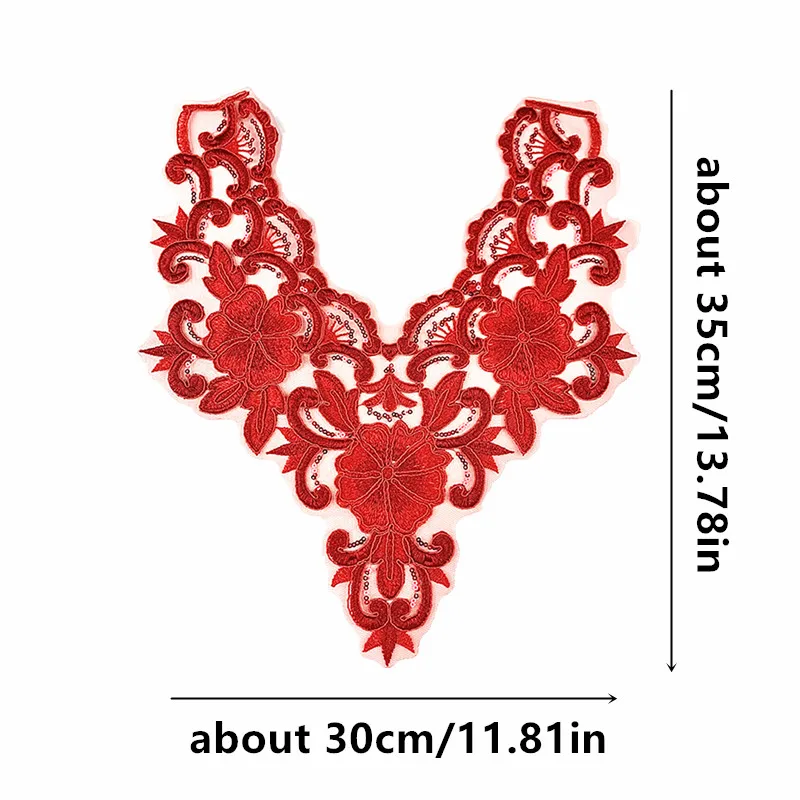 CHICKNIT 10 Stück 35x30cm Pailletten-Stickerei venezianischer Spitzenkragen rot gold DIY Neues Tanzkleid Partykleidung Accessoire CC05 – Detail 2