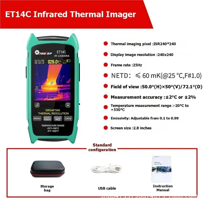TOOLTOP ET14C 2.8 Inch Thermal Imager Isr240x240 25Hz Home Thermography Camera For Electrical Fault Detec Detection