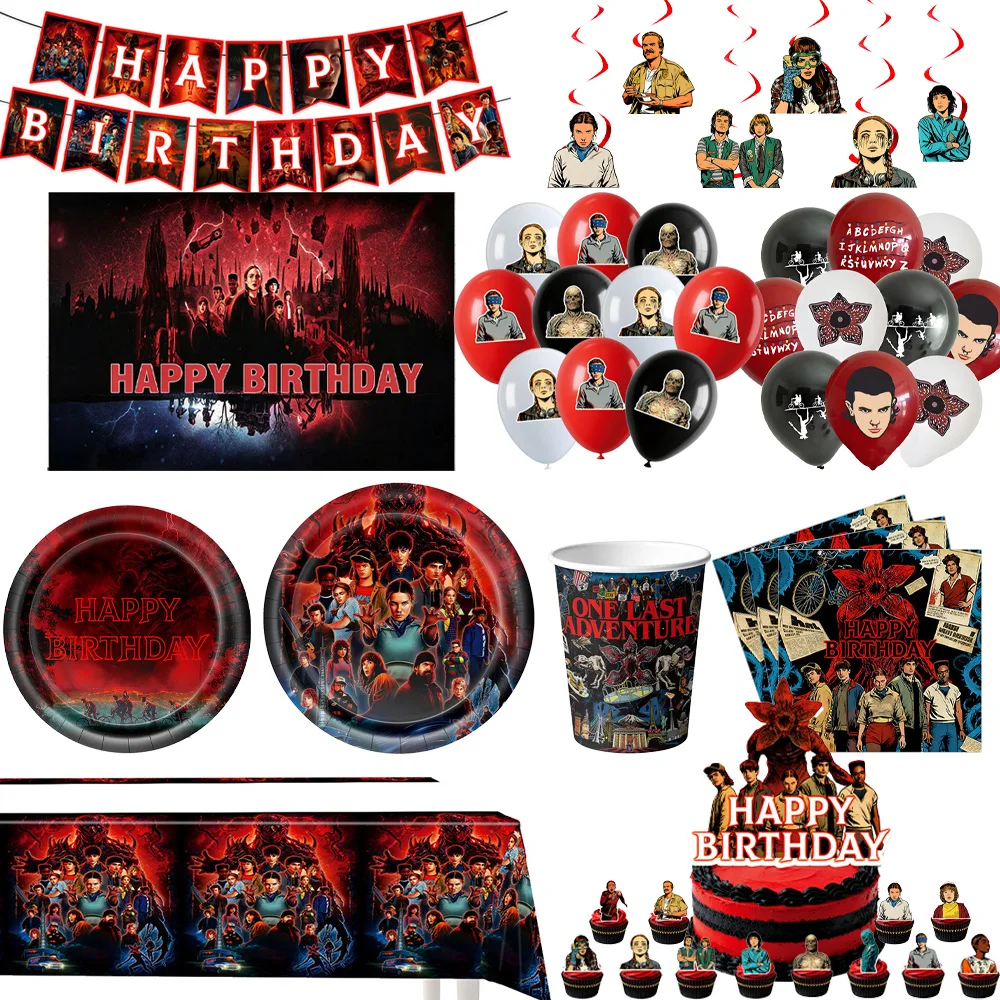 Décorations d'anniversaire sur le thème du film d'horreur Strangers, fournitures de fête, assiettes, gobelets, serviettes, bannières d'anniversaire, décorations de fête
