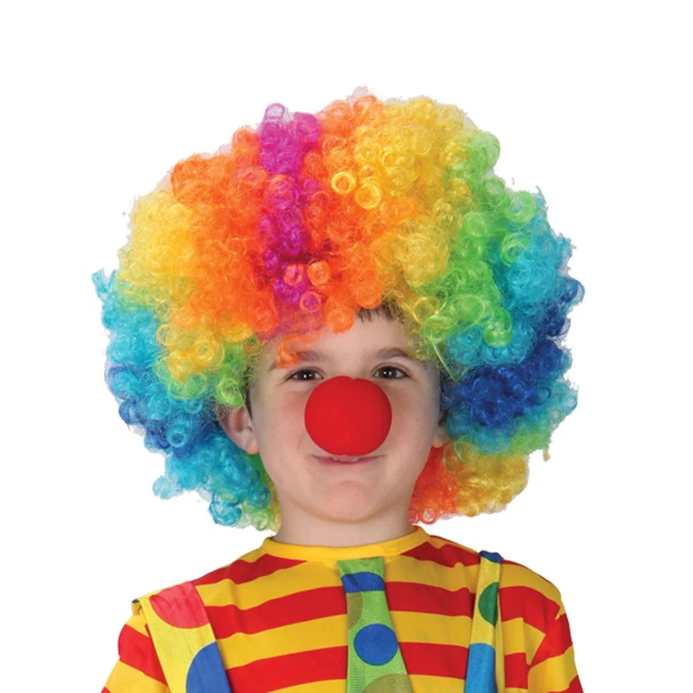 소년 소녀 광대 무지개 가발 + 거짓 코 생일 웨딩 파티 소품 할로윈 서커스 카니발 부활절 조커 곱슬 머리 위장