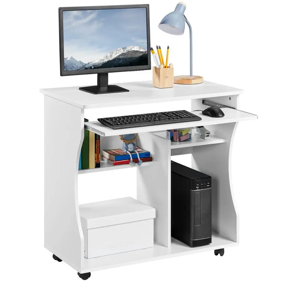 Escritorio con Ruedas, Mesa de Oficina con Bandeja Extraíble de 80 x 48 x 76 cm, Escritorio para Computadora con Cajones para PC, Impresora, Oficina, Estudio