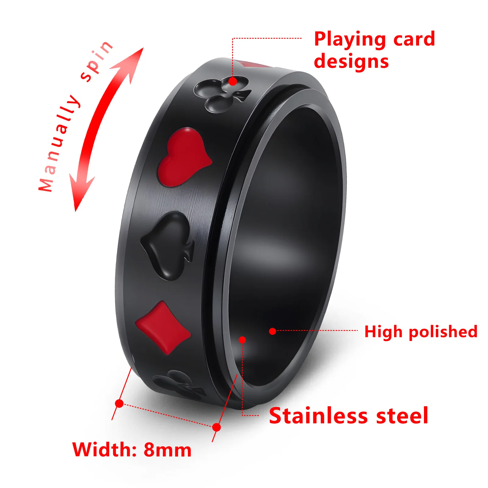 Lucky Poker Spinner Rings 304 Stainless Steel Playing Cards Patterns Rotatable Rings Spades, Red Peach, Plum Blossoms, Squares