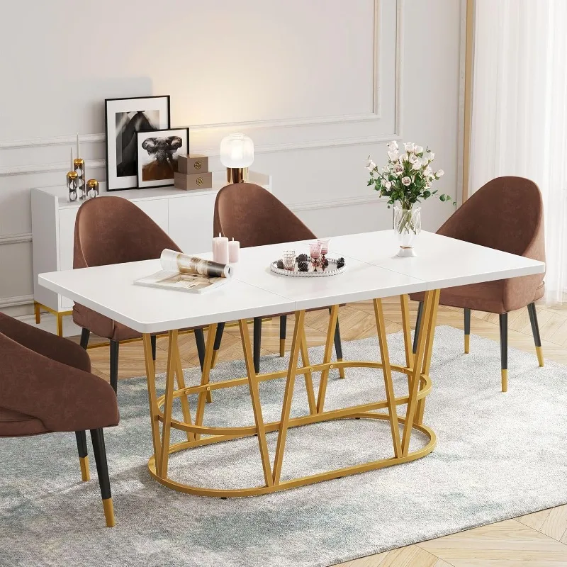 

Modern Dining Table for 6-8 People, 70.3'' Large Kitchen Table with Faux Marble Tabletop and Gold Geometric Legs