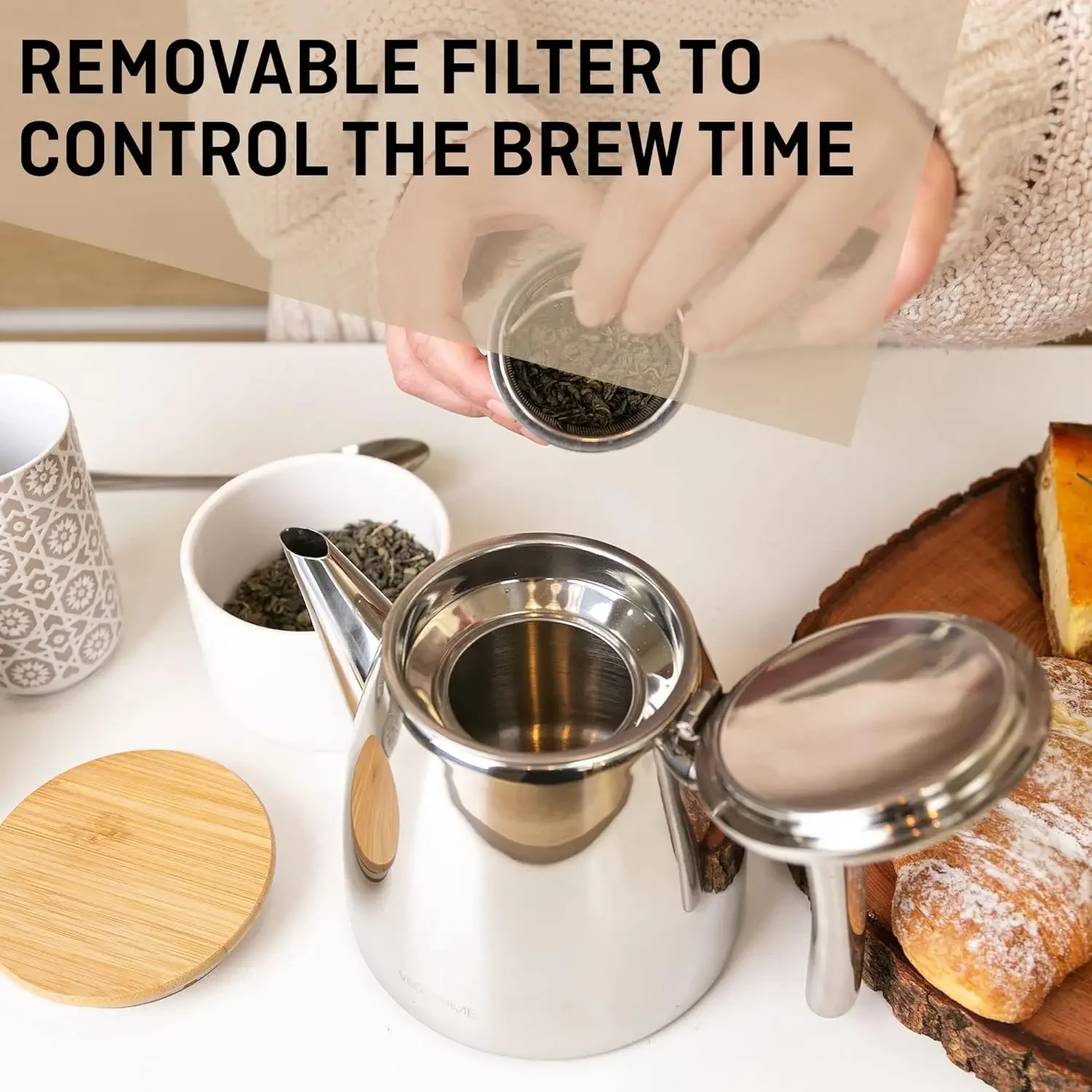 وعاء شاي من الفولاذ المقاوم للصدأ مع مصفاة، جدار مزدوج يحافظ على الحرارة، فضي 1 لتر (34 أونصة)