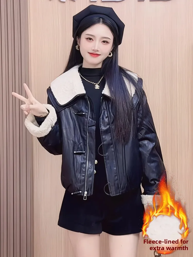 السيدات Fce اصطف ثي الشتاء الدافئ Jaet كسول Sle معطف جلد المرأة Faion بسيط فضفاض صالح طويل Sve سستة إغلاق