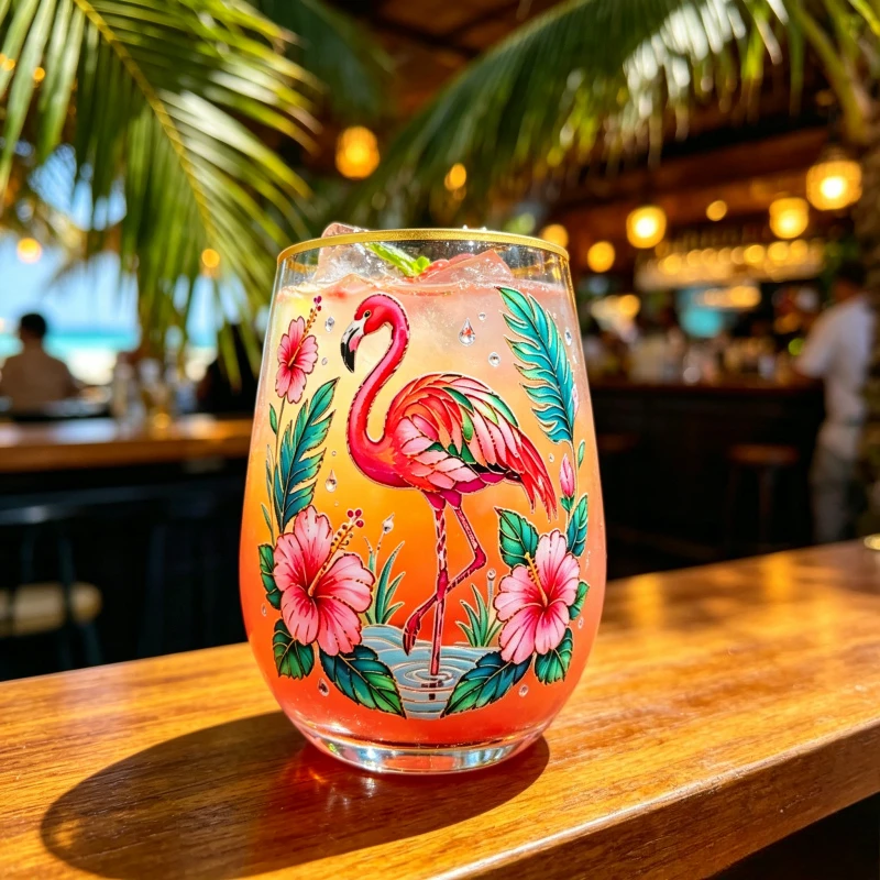 Tropical Flamingo Stemless Glass Hibiscus Flower Gold Rim Beer Cup Cocktail Tumbler Summer Drinkware