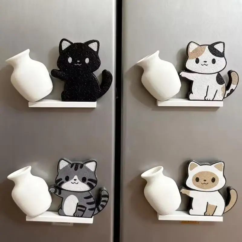 Cat Pushing Vase Refrigerator Magnets Home Decor Fridge Magnet Cat Whisker Collection Memorial Box Home Office Decor For Gift
