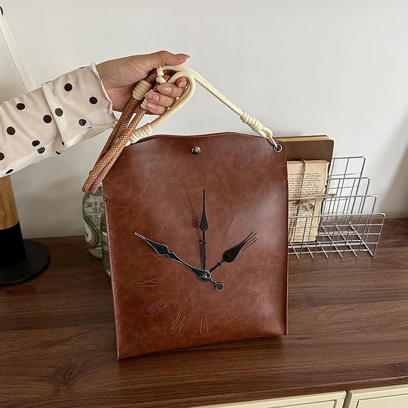 Vintage Clock Print Shoulder Bag Retro Roman Numeral Pattern Casual PU Leather Tote Bag Light‑weight Daily Shopping Handbag