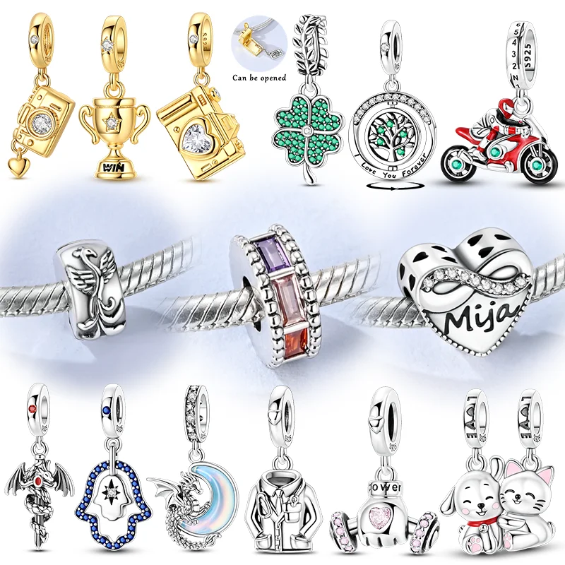 New In 925 Sterling Silver Charms Beads Camera Dragon Dumbbell Motorcycle Dangle Fit Original Bracelet Women Jewelry DIY Gift
