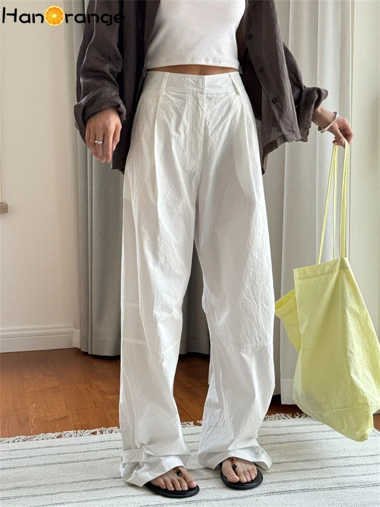 HanOrange 2024 Summer Lazy Cotton Comfortable Pants Wide Loose Mouth Adjustment Sun Protection Trousers White/Light Blue