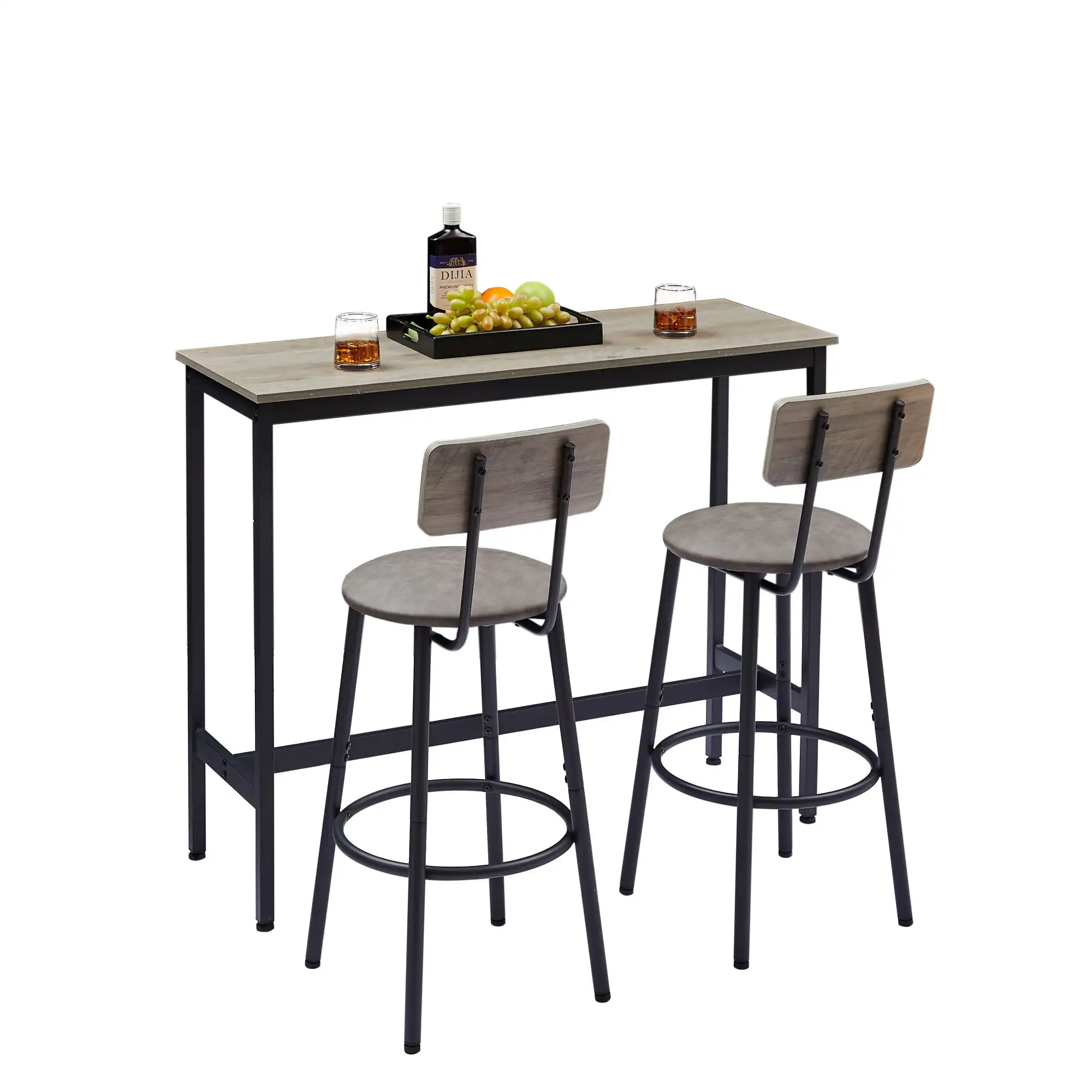 3-Piece Bar Table Set, Pub Dining Table & PU Upholstered Stools with Backrest for Kitchen Small Space, Gray