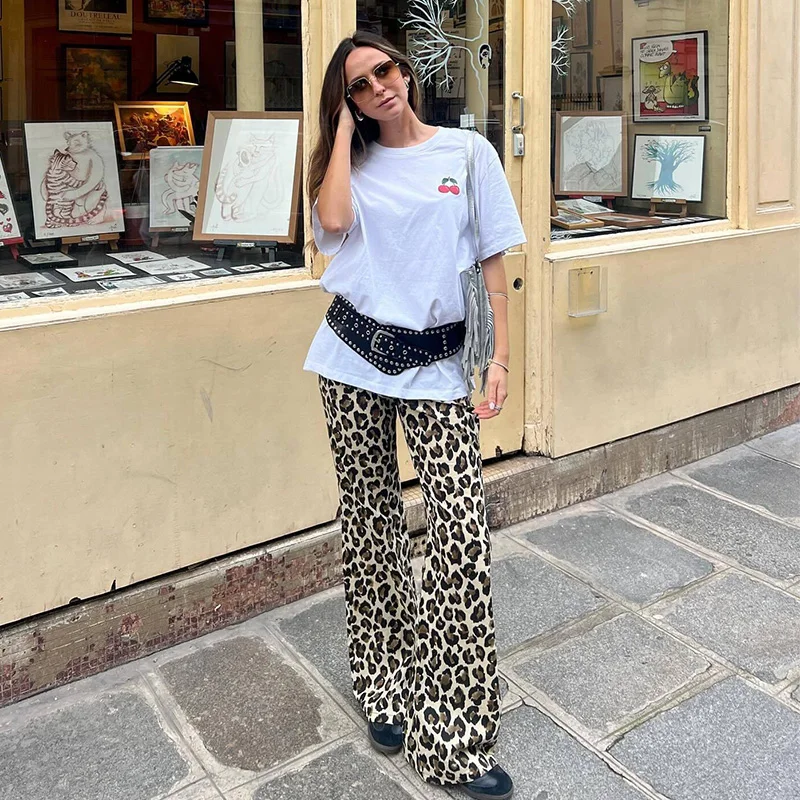 Pantaloni lunghi stampati leopardati Vintage da donna con cerniera a molla femminile pantaloni svasati Casual a vita alta pantaloni larghi moda