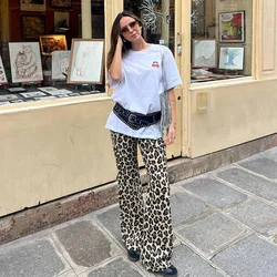 Pantaloni lunghi stampati leopardati Vintage da donna con cerniera a molla femminile pantaloni svasati Casual a vita alta pantaloni larghi moda femminile