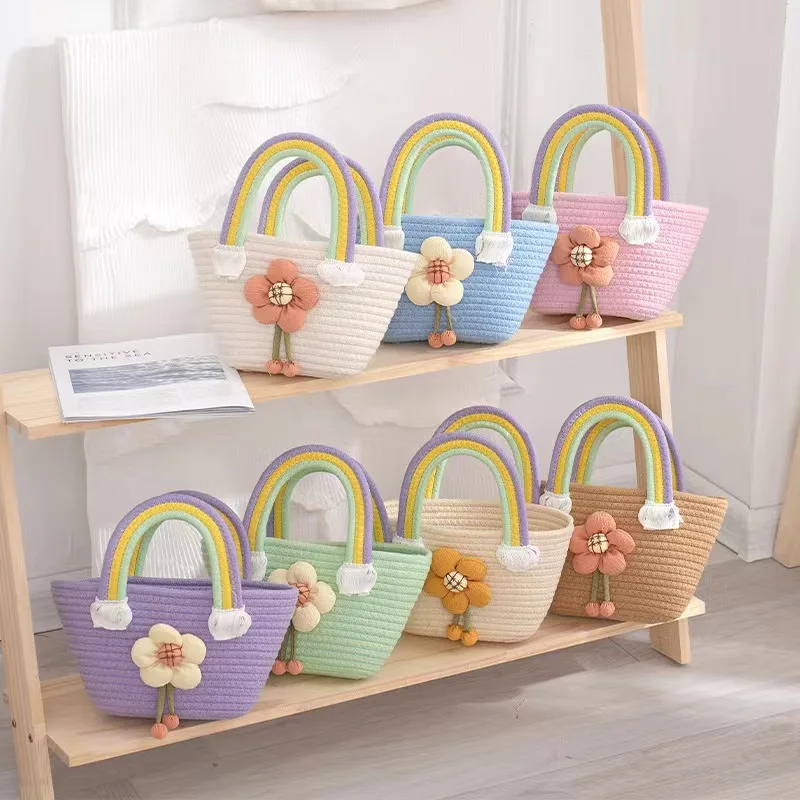 Korean Trendy Flower Rainbow Handbag for Women Wedding Gift Basket Cotton Rope Woven Basics Storage Bag Women\'s Beach Bags