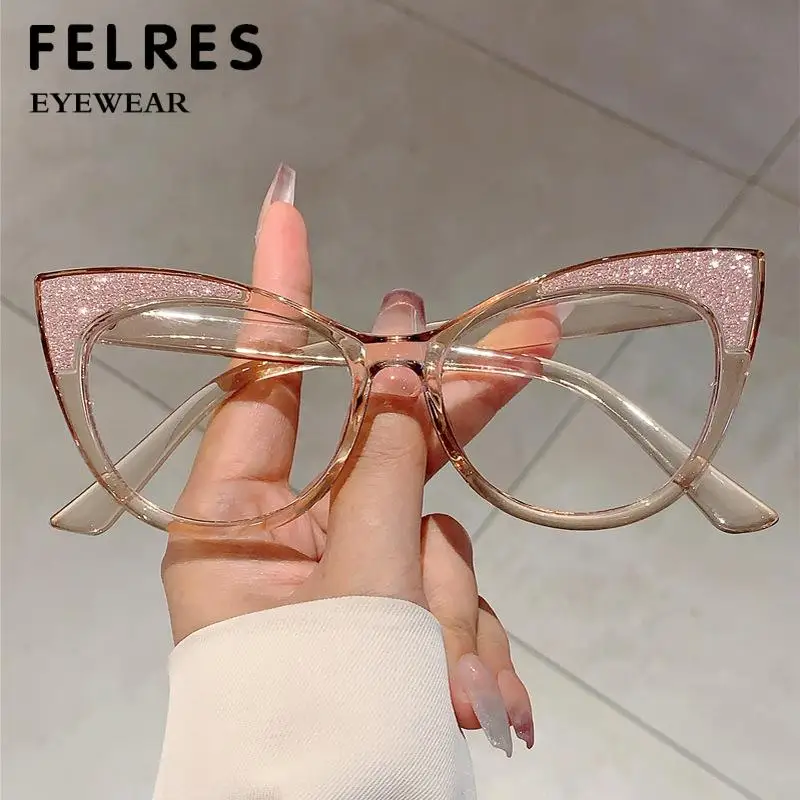 Designer Cat Eye Anti Blue Light Reading Glasses Women Color Block Presbyopic Eyewear Clear Prescription Optical Eyeglasses
