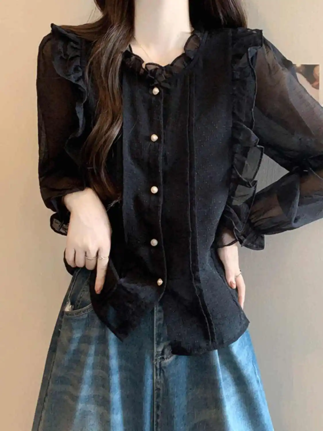 Elegante camicetta in chiffon con volant stile francese da donna